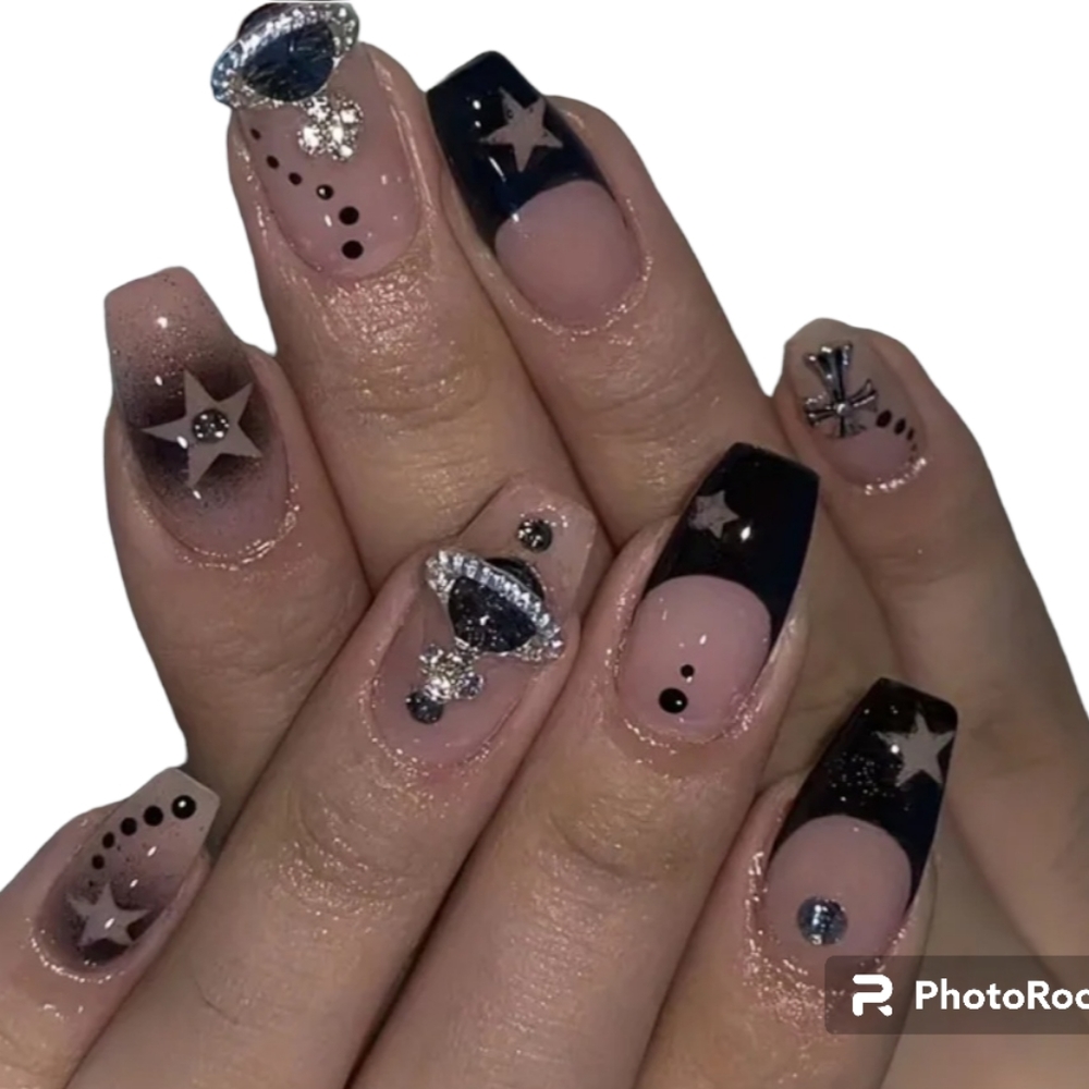Halloween full cover false nails rhinestone star design glossy black Fre…